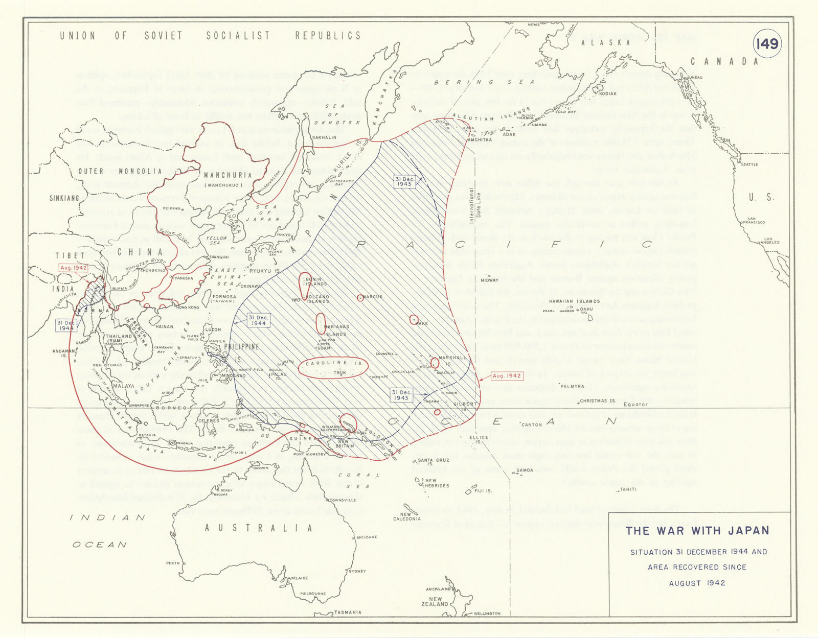 World War 2. Pacific Theatre. August 1942-December 1944 area recovered 1959 map